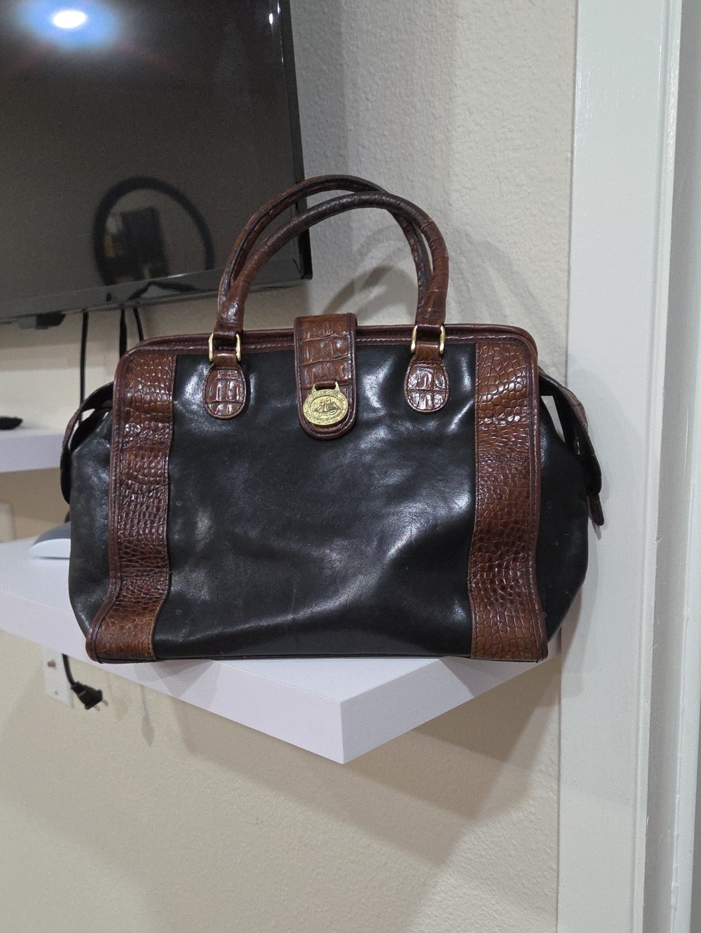 Brahmin Vintage Leather Satchel Bag - Black & Brown